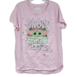 Star Wars Baby Yoda Girls L 10/12 Knit Tshirt Short Sleeve Tee Pink Sequin Top